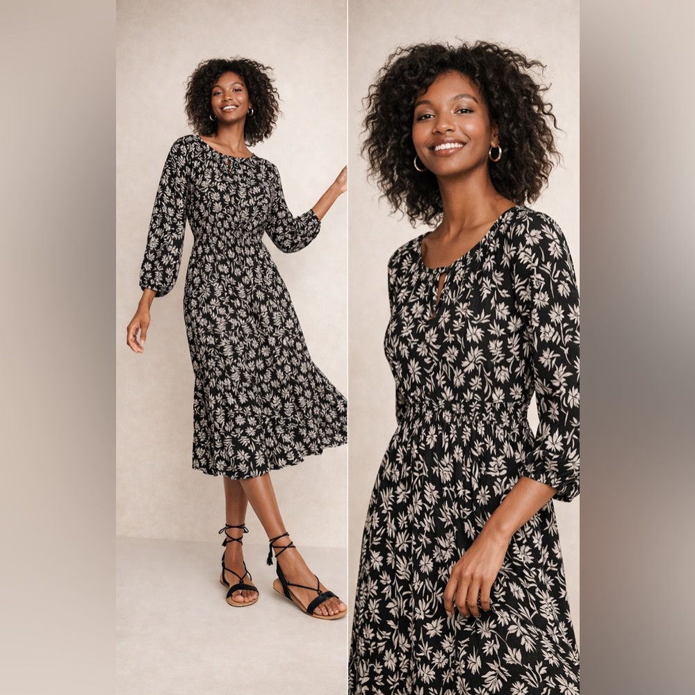 Old Navy Black White Floral Midi Dress Boho Cottagecore Long Sleeve Flowy Size S